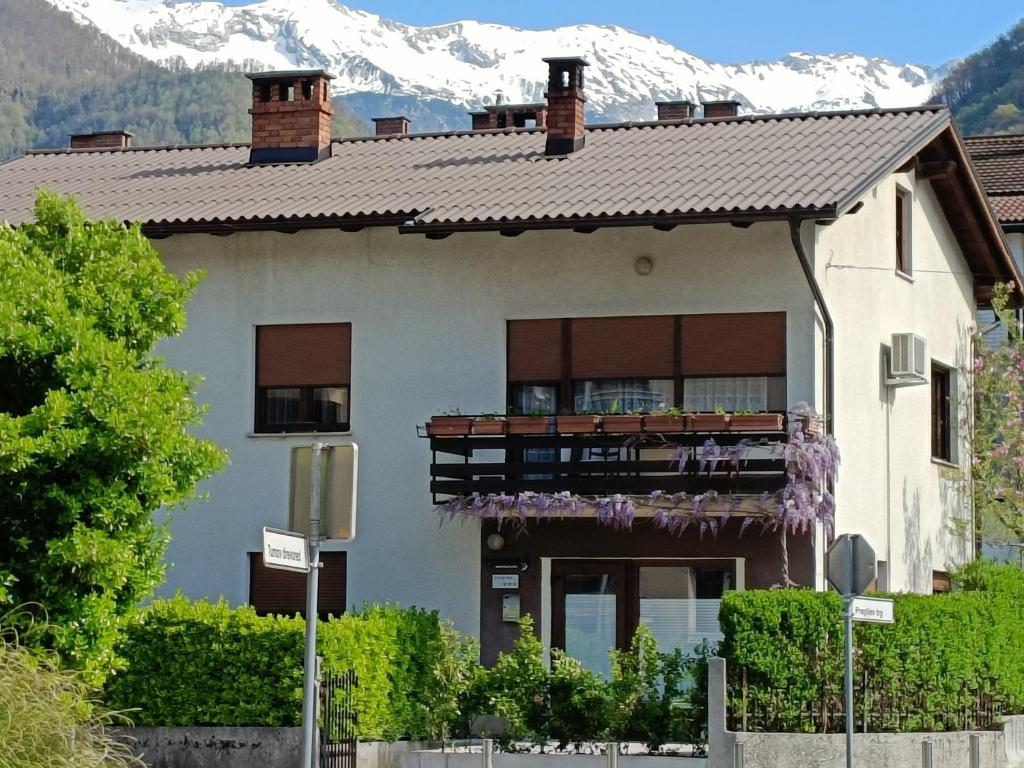 a house with a mountain in the background at Gravitacija East in Tolmin