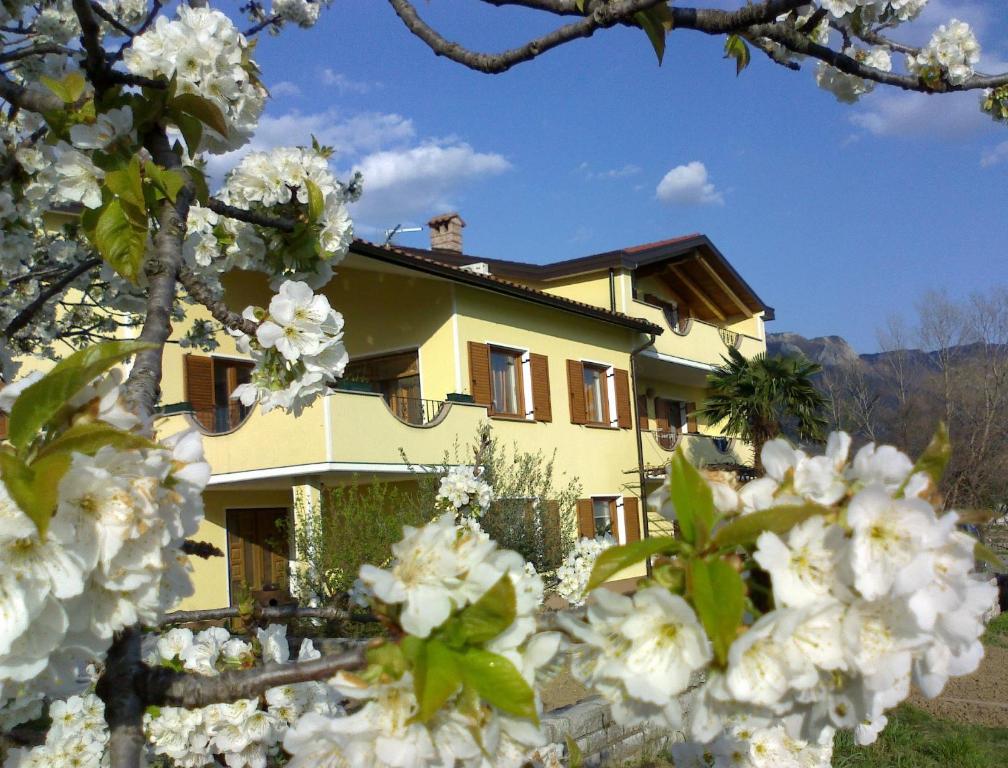 une maison jaune avec des fleurs blanches devant elle dans l'établissement Turistična kmetija Pri Rebkovih, à Ajdovščina