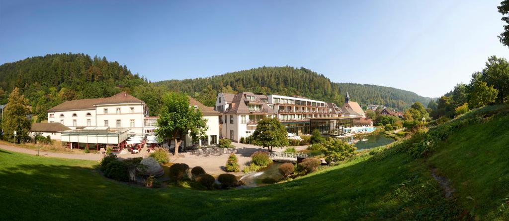 duży budynek na wzgórzu obok rzeki w obiekcie Hotel Therme Bad Teinach w mieście Bad Teinach-Zavelstein