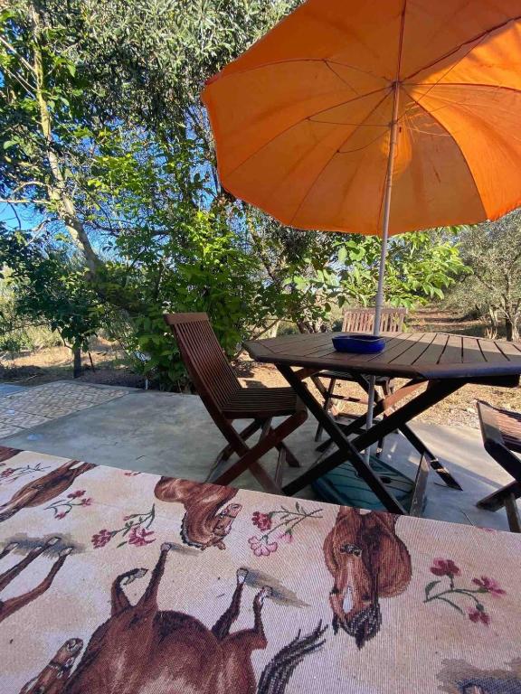a picnic table with an umbrella and a table and chairs at The Cottage Guest House in Vale Coelho