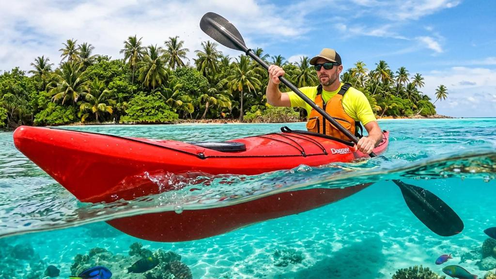 a man in a red kayak in the ocean at 115 Mariners Club in Key Largo