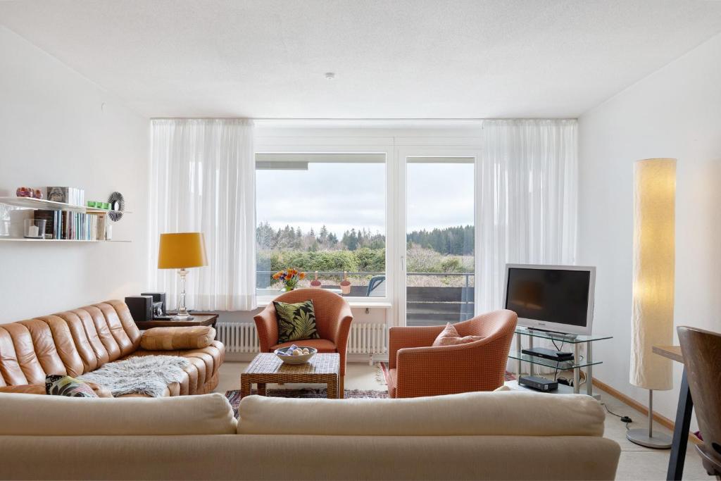 a living room with a couch and chairs and a tv at Schönblick in Höchenschwand