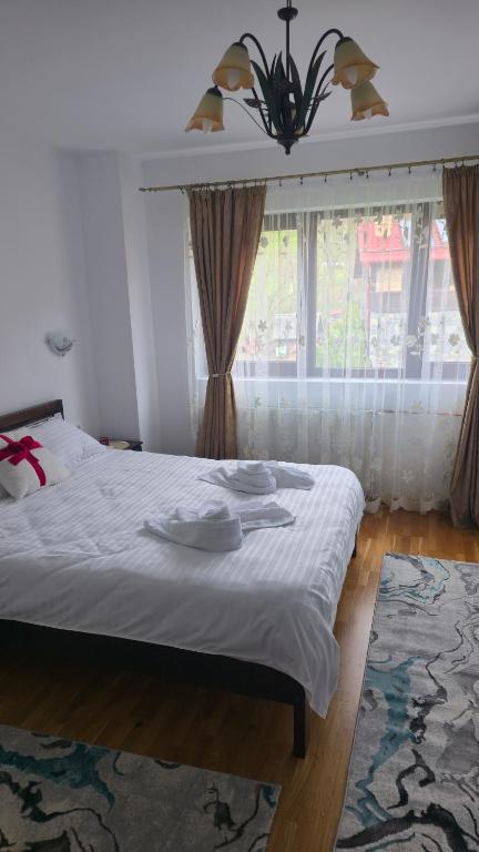 a bedroom with a bed with white sheets and a window at Pensiunea Rozalina in Rozavlea