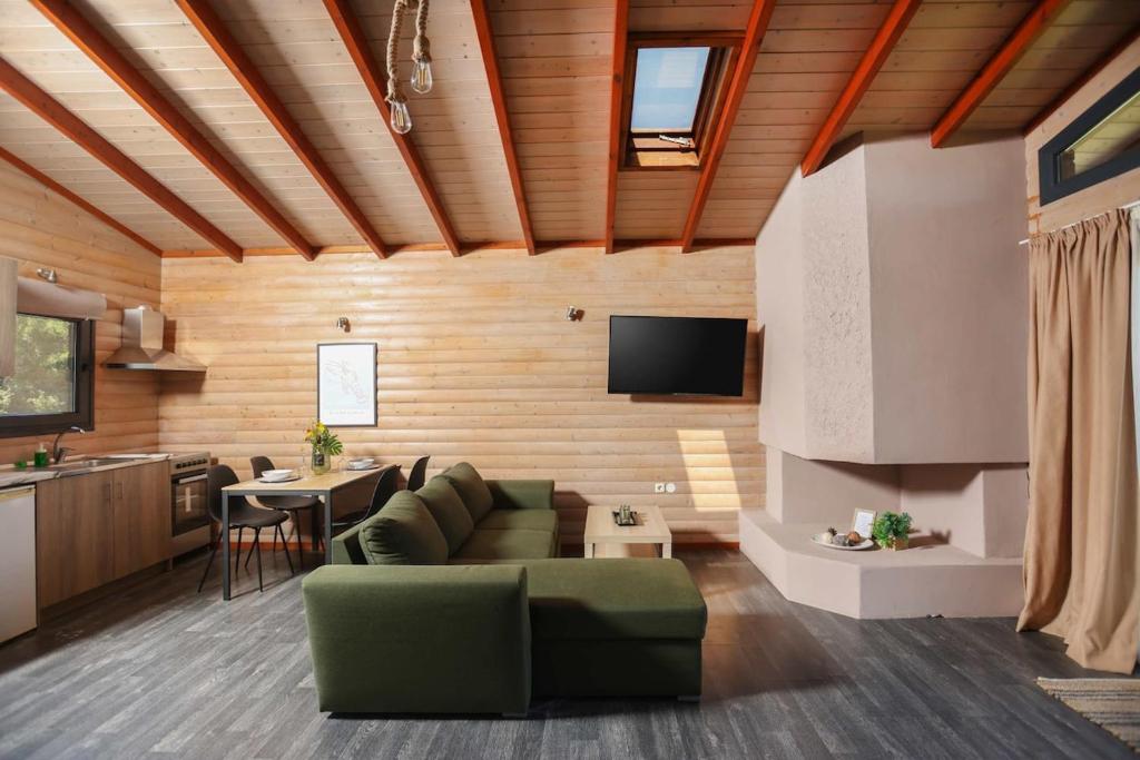 a living room with a green couch and a kitchen at Hilltop Chalet 2 in Hanioti