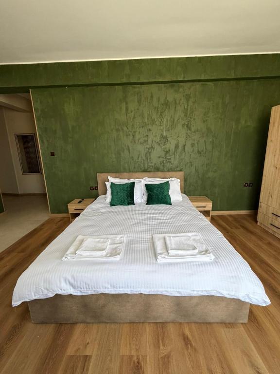 a bedroom with a large bed with green walls at ValMar Guest rooms in Haskovo