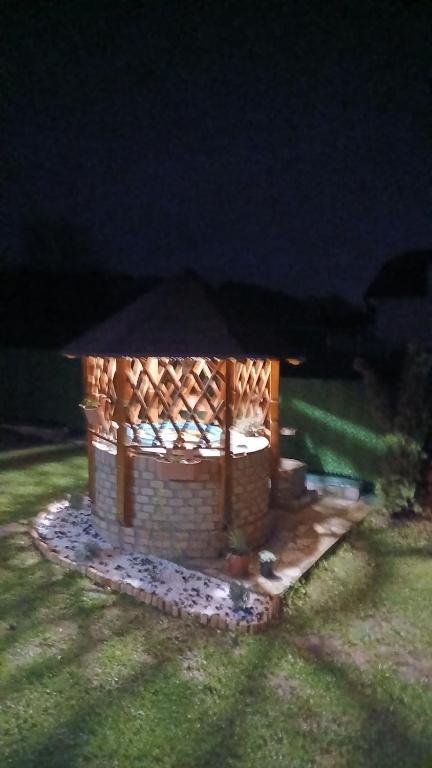 a fire pit in a yard at night at Apartmani Lux Nina in Vrdnik