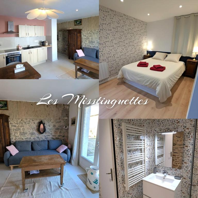 a collage of photos of a bedroom and a living room at Les Misstinguettes in Hyenville