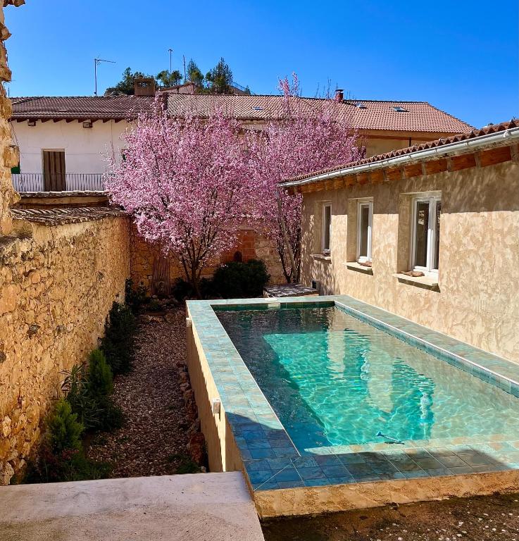 a swimming pool in a yard next to a house at DeMaJia. Casa entera: en Castillejo de Robledo in Castillejo de Robledo