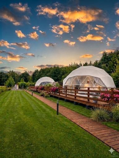 two domes are set up in a garden at Glamping LA BELLA Suntago in Aleksandria