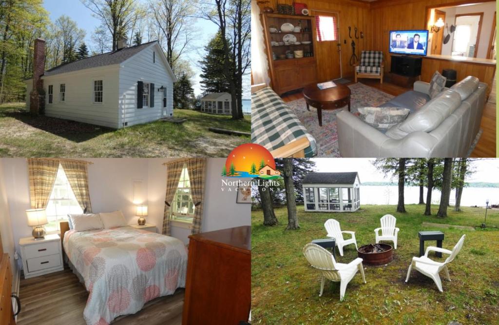 a collage of pictures of a bedroom and a house at South Cottage on Torch Lake in Alden