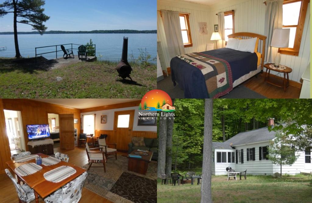a collage of pictures of a bedroom and a house at Lakeside Cottage on Torch Lake in Alden