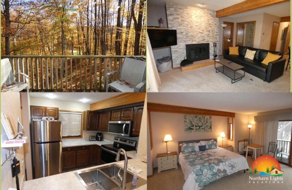 a collage of three pictures of a bedroom and a living room at Timber Ridge Retreat in Bellaire