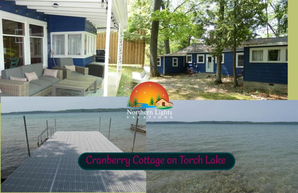 a collage of two pictures of a house on the water at Cranberry Cottage on Torch Lake in Alden