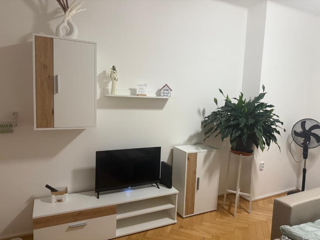 a living room with a tv and a cabinet at Harmony apartment in Šamorín