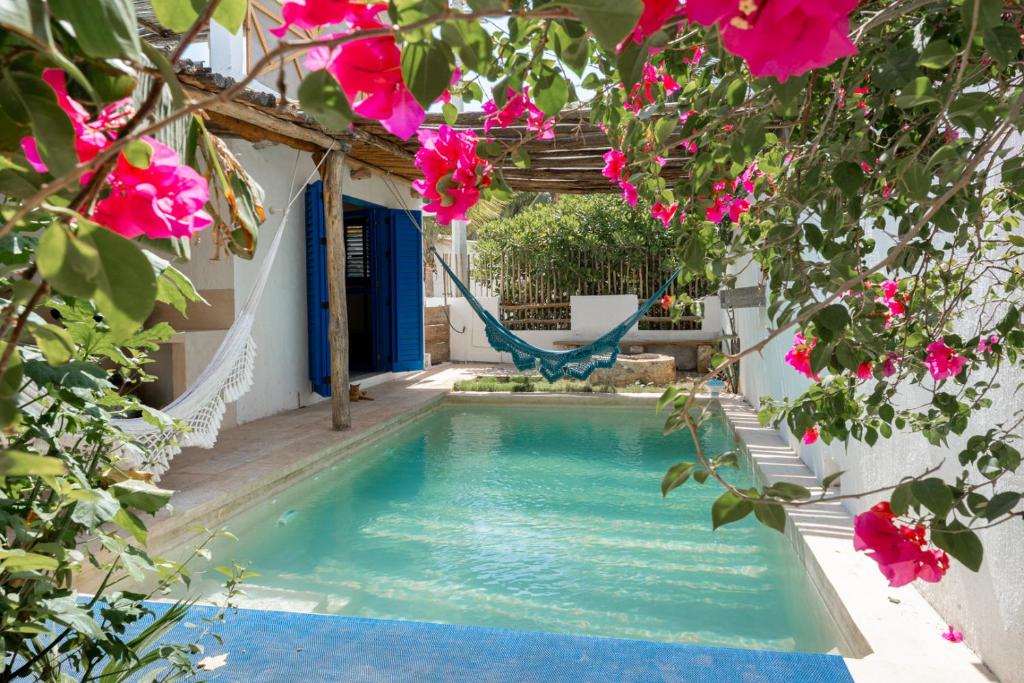a swimming pool with a hammock and pink flowers at Casa Omero. in El Cuyo