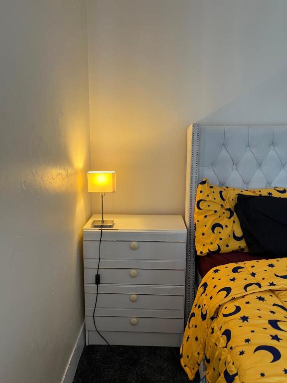 a bedroom with a bed and a lamp on a dresser at Cozy Private Spacious Blackout Room in Longley