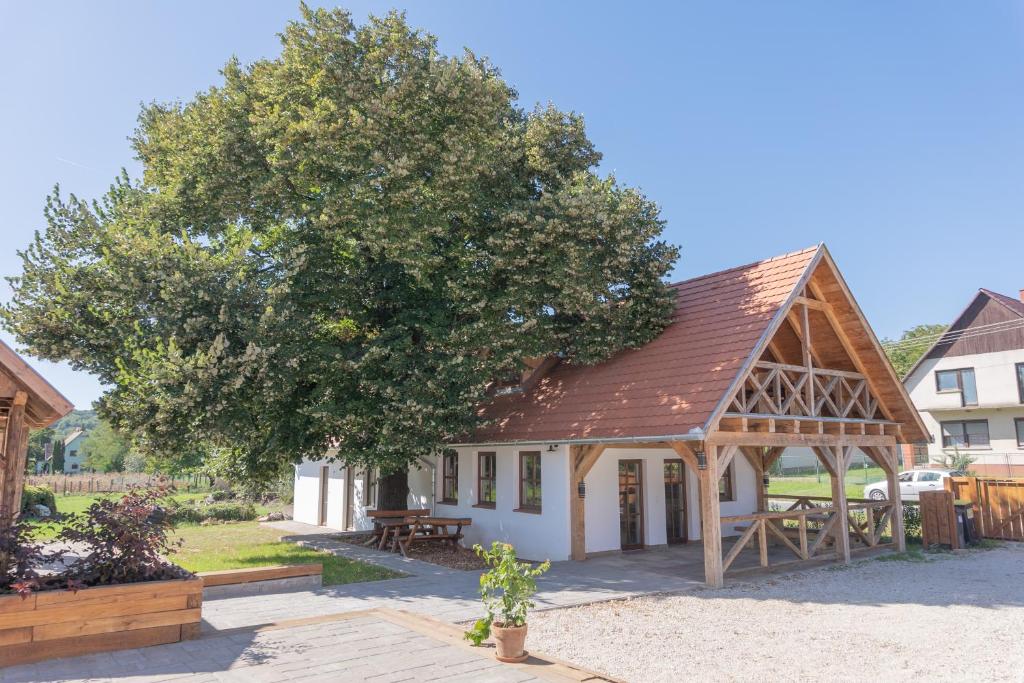 a building with a tree and a picnic table at Hárs Vendégház in Balatonendréd