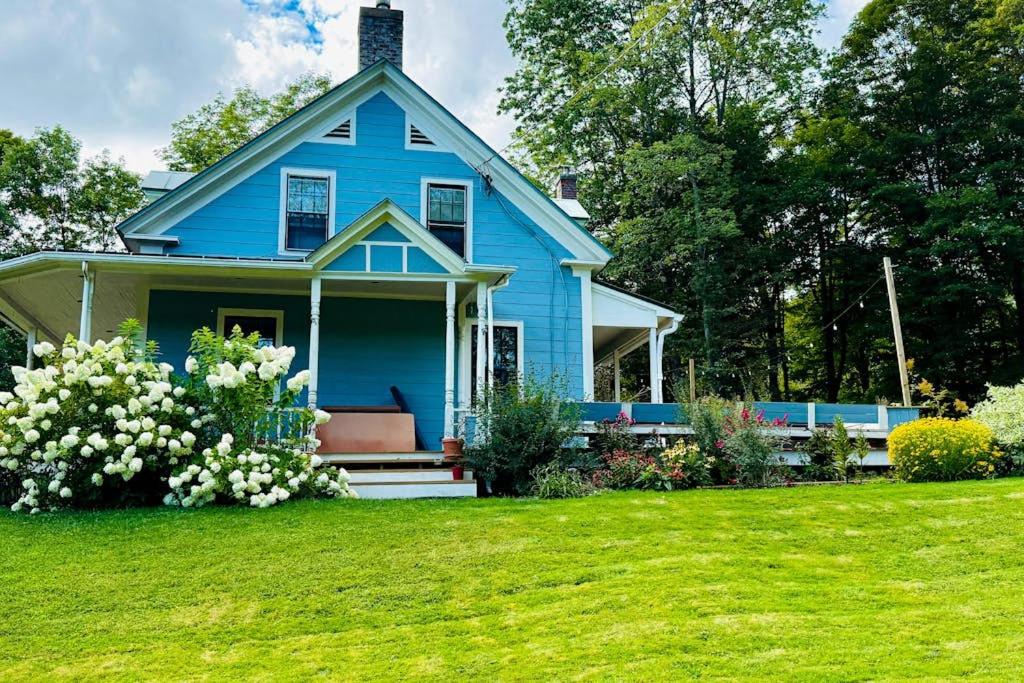 a blue house with a bench on a lawn at The Hilltop in Waterbury
