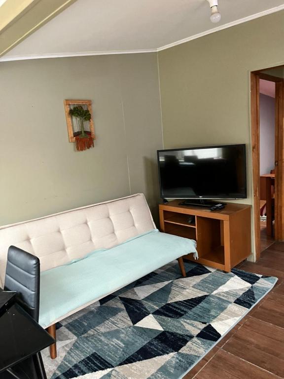 a living room with a couch and a flat screen tv at Cabaña Centro in Coihaique