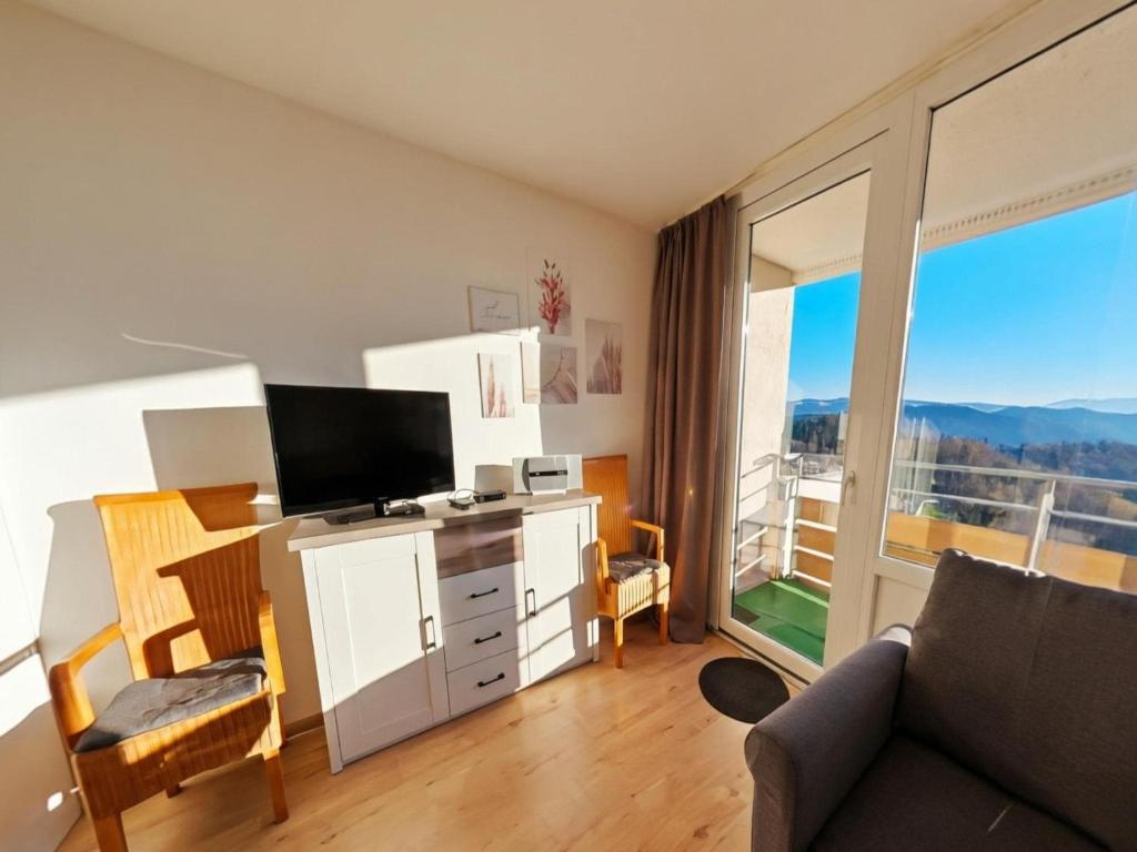 a living room with a couch and a desk with a television at Studio Martina mit Pool und Sauna in Freyung