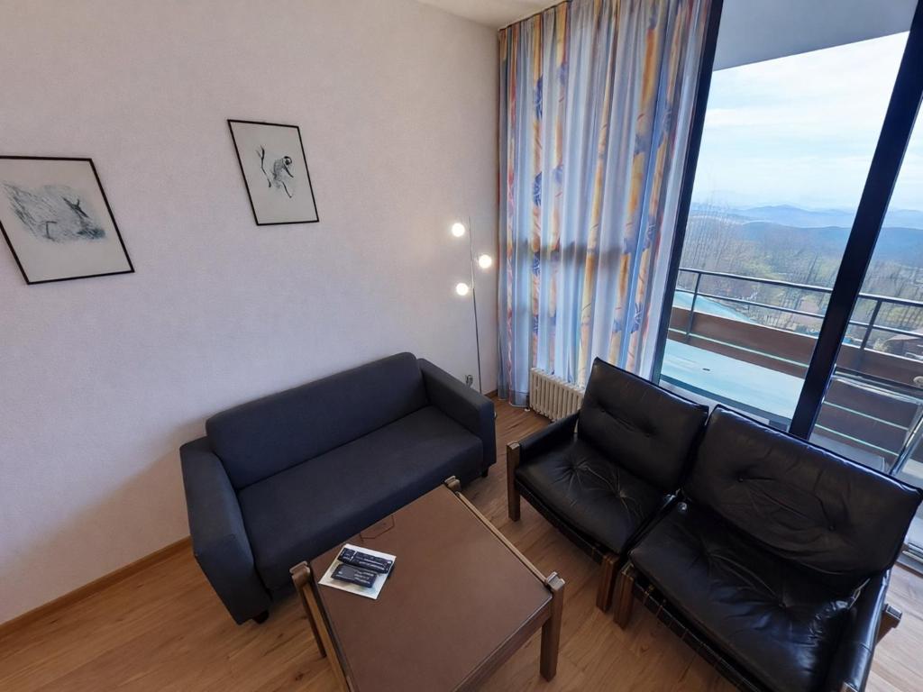 a living room with a couch and a table at Studio Robert mit Pool und Sauna in Freyung