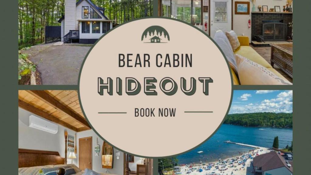 a collage of photos of a house with the words bear cabin kitchen at Bear Cabin Hideout in Hamlin