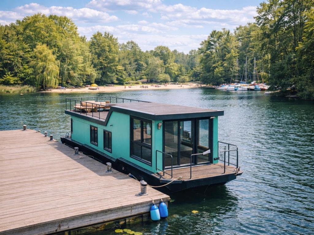 a tiny house on a dock on a lake at behagliches Floating Home in Berlin in Berlin