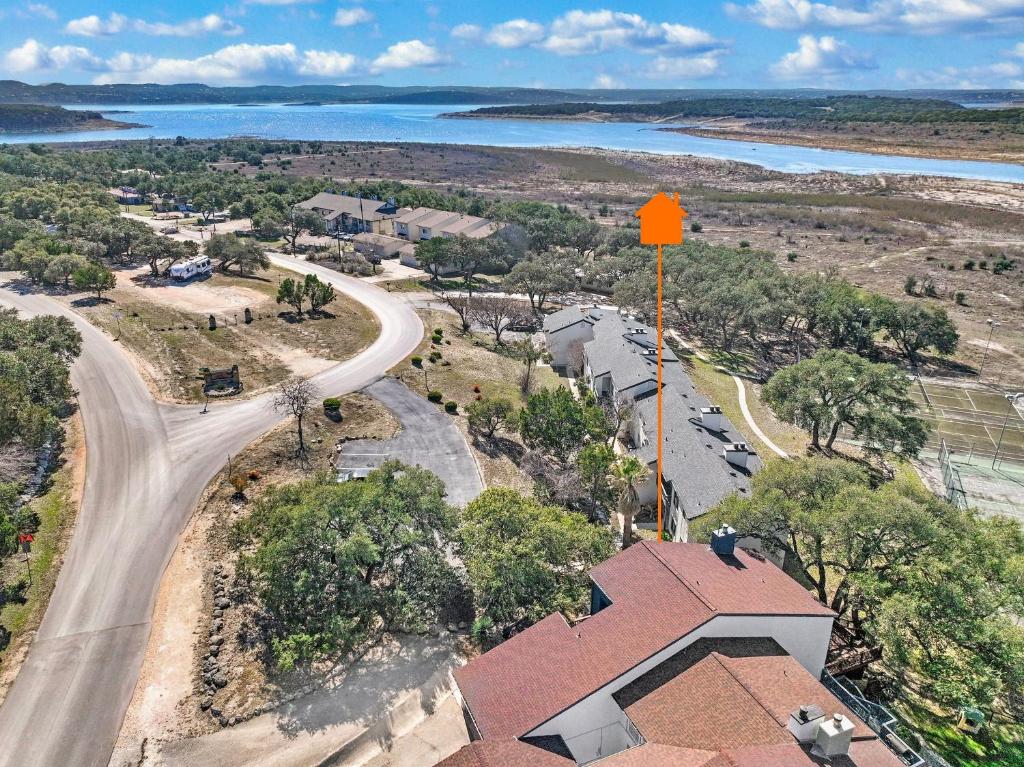 an overhead view of a road next to a house at Bee Happy at the Lake in Canyon Lake