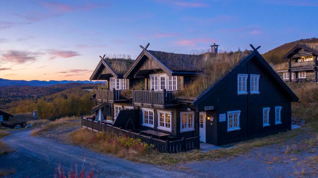 a large black house with a grass roof at Rauland, Listaullii in Torvetjørn
