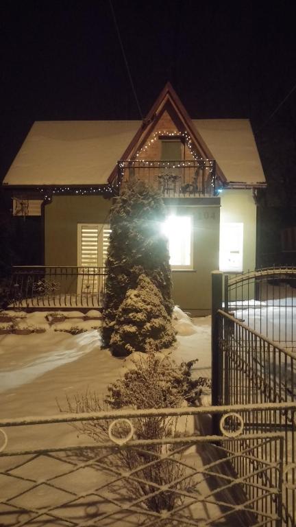 a house with a christmas tree in the snow at Domek Gloria nad Jeziorem Żywieckim in Żywiec