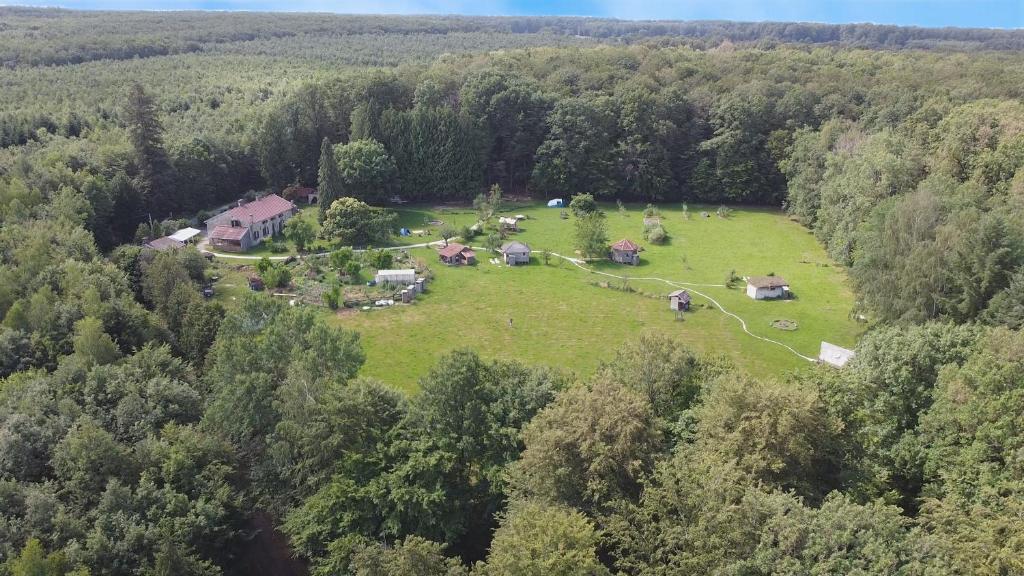 an aerial view of a large green field with trees at La Clairière du Verbamont in Claudon