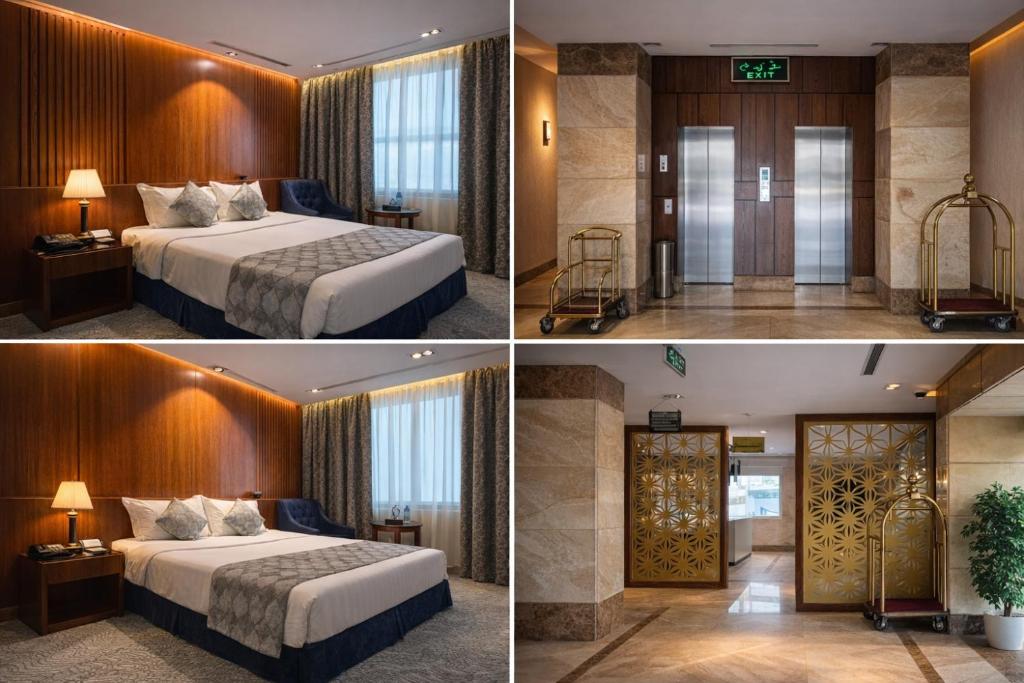 three pictures of a hotel room with two beds at كلاديوم in Medina