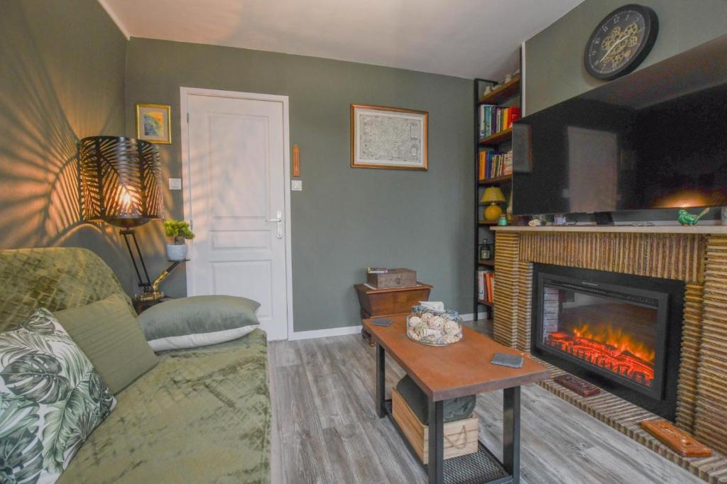 a living room with a couch and a fireplace at Le 10 de coeur in Lusigny-sur-Barse