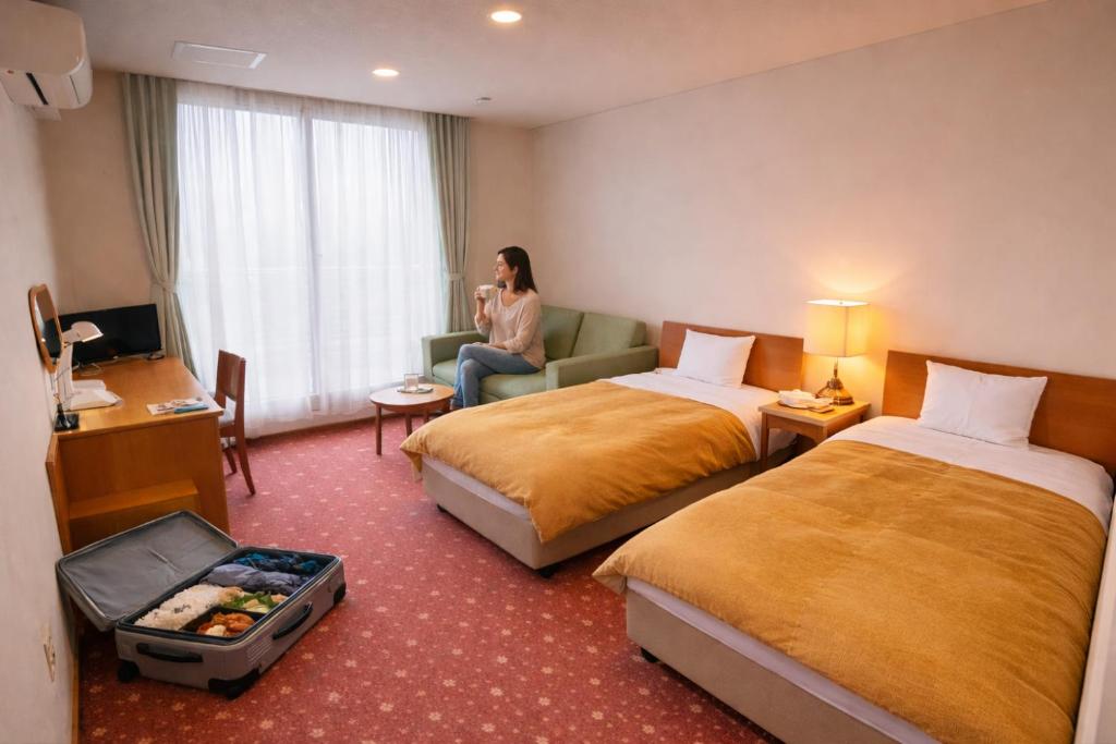 a woman sitting in a hotel room with two beds at Hotel Lavenir in Biei