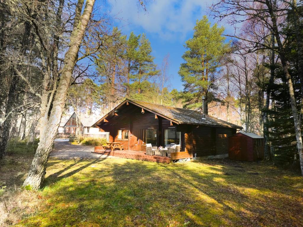 a log cabin in the woods with a yard at Tormore Cabin in Carrbridge