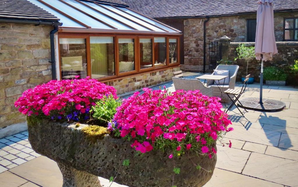 a stone planter with pink flowers in front of a house at Cosy Cottage for Two in the Peak District with Parking in Onecote