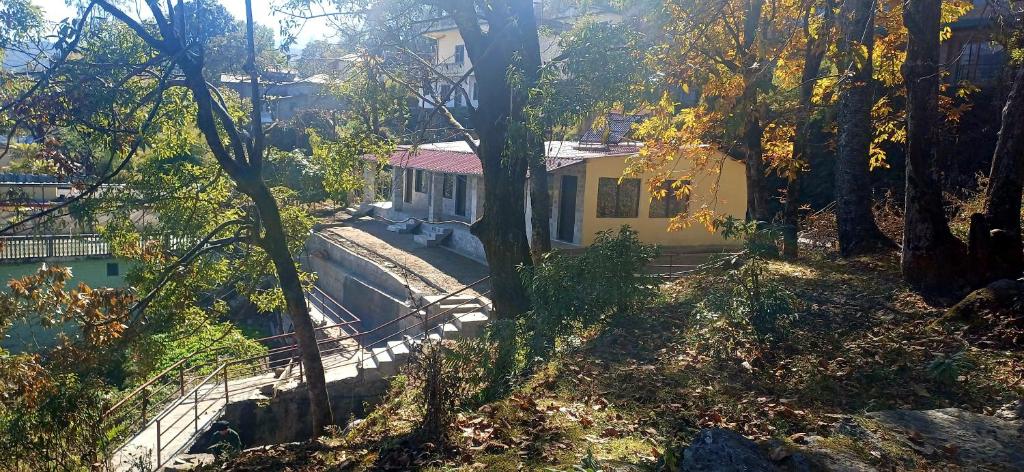 a yellow house in the middle of a forest at The Explorer's Den in Munsyari