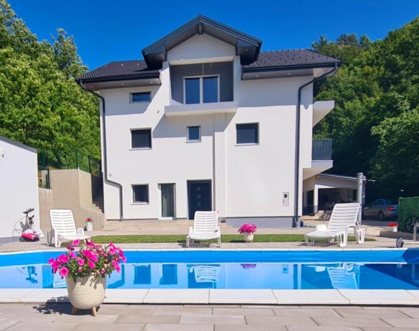 a large white house with a swimming pool at Apartman Sunce in Jerkovići