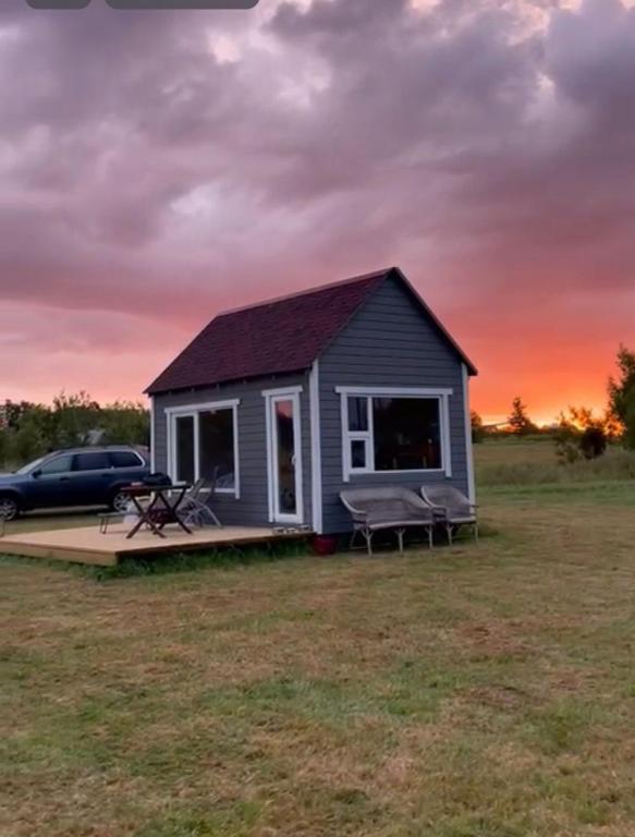 a tiny house in a field with a sunset at Atpūtas vieta Friči in Līguti