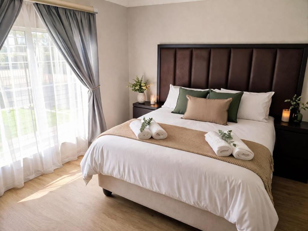 a bedroom with a large bed with towels on it at Langpad Self Catering in Frankfort