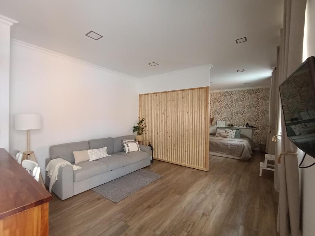 a living room with a couch and a bed at Apartamento El Topo in Los Sauces