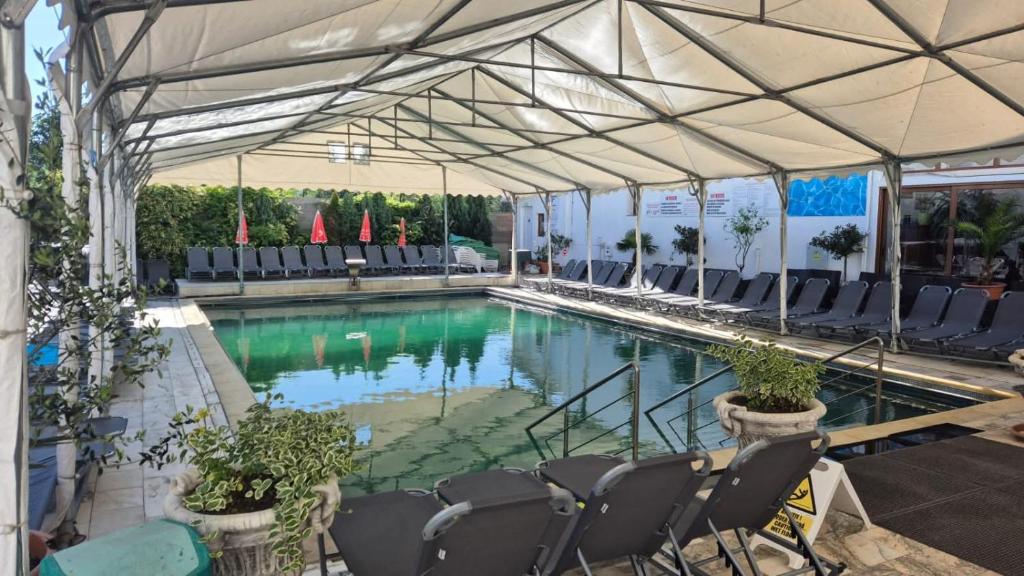 ein großes Schwimmbecken mit Stühlen und einem Zelt in der Unterkunft Hotel Ostrov in Călimăneşti