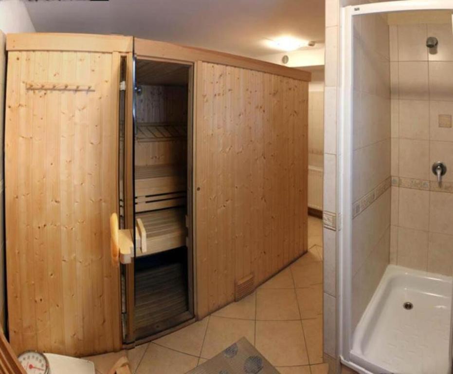 Wood-paneled sauna cabin interior beside tiled shower stall in a small hotel wellness area.
