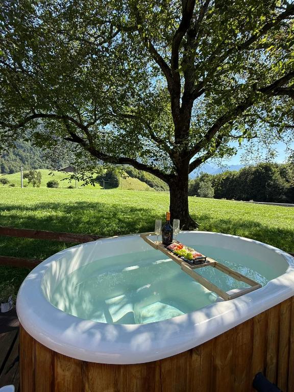 a jacuzzi tub in a garden with a tree at Glarner Spa I Private Sauna & Hot Tub & Alps View in Ennenda