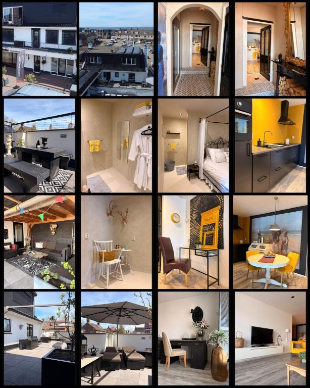 a collage of photos of different rooms and buildings at Gastenverblijf de paddestoel in Urk
