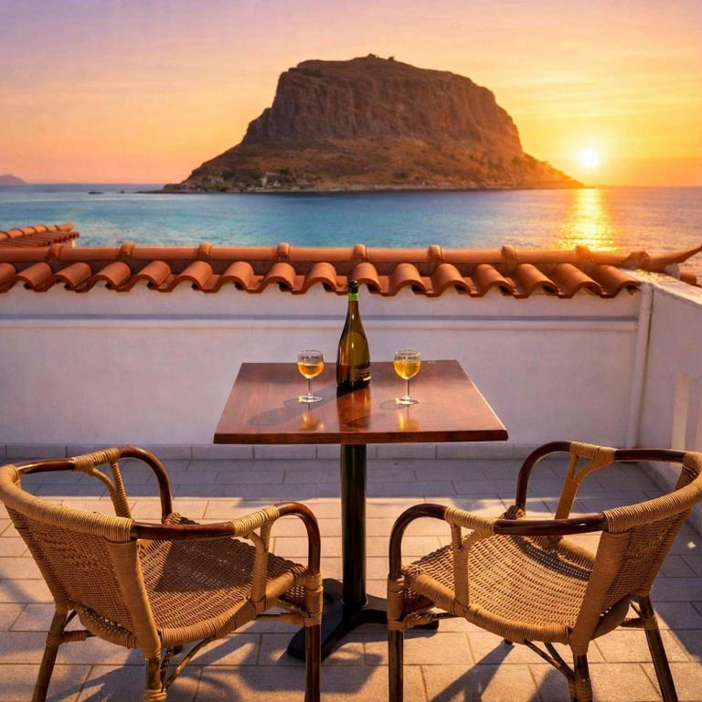 ein Tisch mit zwei Stühlen und einer Flasche Wein in der Unterkunft AGNANTIO in Monemvasia