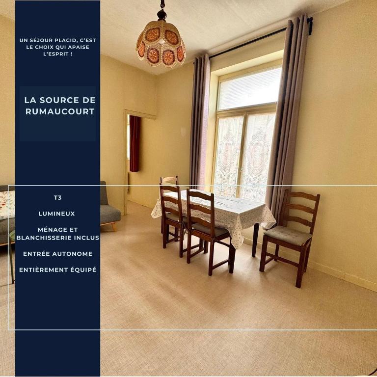 a dining room with a table and chairs and a chandelier at Le Repère de Rumaucourt in Rumaucourt