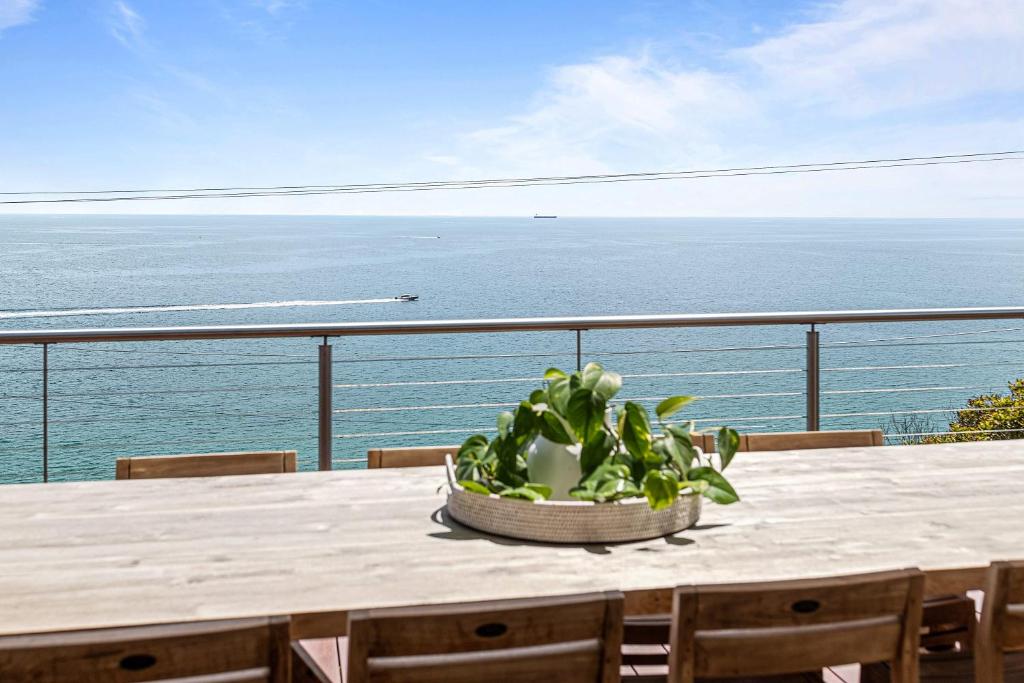 a table with a plant on top of a balcony with the ocean at Clifftop Coastal Sanctuary Panoramic Views in Mount Martha