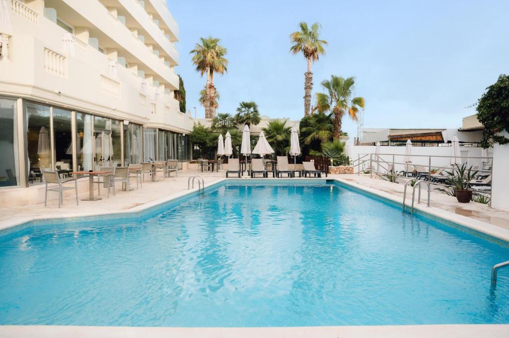 a large swimming pool in a hotel with palm trees at BLUESEA Paraiso Beach - Adults Only in Es Cana