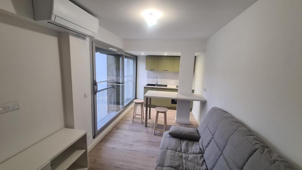 a living room with a couch and a kitchen at Studio moderne Climatisé Meylan centre proche CHU in Meylan